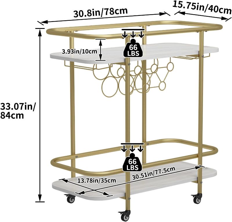 Photo 3 of (READ NOTES) Benoss 2- Tier Bar Cart on Wheels, 33'' H Mobile Serving Wine Cart with Glass Holder and Wine Rack, Modern Rolling Drink Trolley for Coffee Tea Wine, Beverage Bar Cart for the Home Kitchen Party Black 2-Tier Black