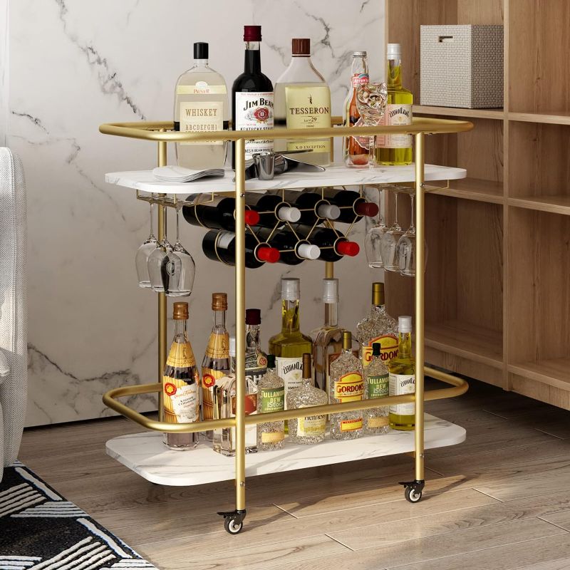 Photo 1 of (READ NOTES) Benoss 2- Tier Bar Cart on Wheels, 33'' H Mobile Serving Wine Cart with Glass Holder and Wine Rack, Modern Rolling Drink Trolley for Coffee Tea Wine, Beverage Bar Cart for the Home Kitchen Party Black 2-Tier Black