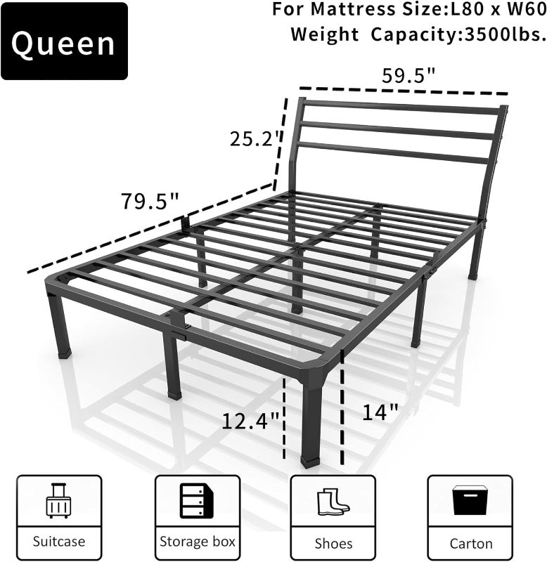 Photo 3 of (READ NOTES) ROIL Queen Size Metal Bed Frame with Headboard, 14inch Black Heavy Duty Platform with Steel Slats Support and Mattress Stoppers, 3500LBS No Box Spring Needed, Easy Assembly Noise-Free Queen 14 Inch