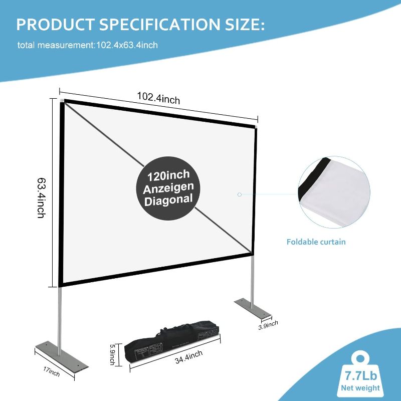 Photo 3 of (READ NOTES) Projector Screen with Stand 120 inch 16:9 HD 4K Outdoor Indoor Projection Screen for Home Theater 3D Fast-Folding Projector Screen with Stand Legs and Carry Bag Projection Movie Wrinkle-Free…
