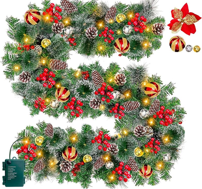 Photo 1 of [ Timer & 8 Modes ] 9Ft Prelit Gold Christmas Garland 100 Colorful Lights 16 Golden Balls 6 Cypress Leaves Thick 300 Snowy Bristle 15 Life-Like Tips Battery Operated Xmas Garland Decor Holiday Outdoor