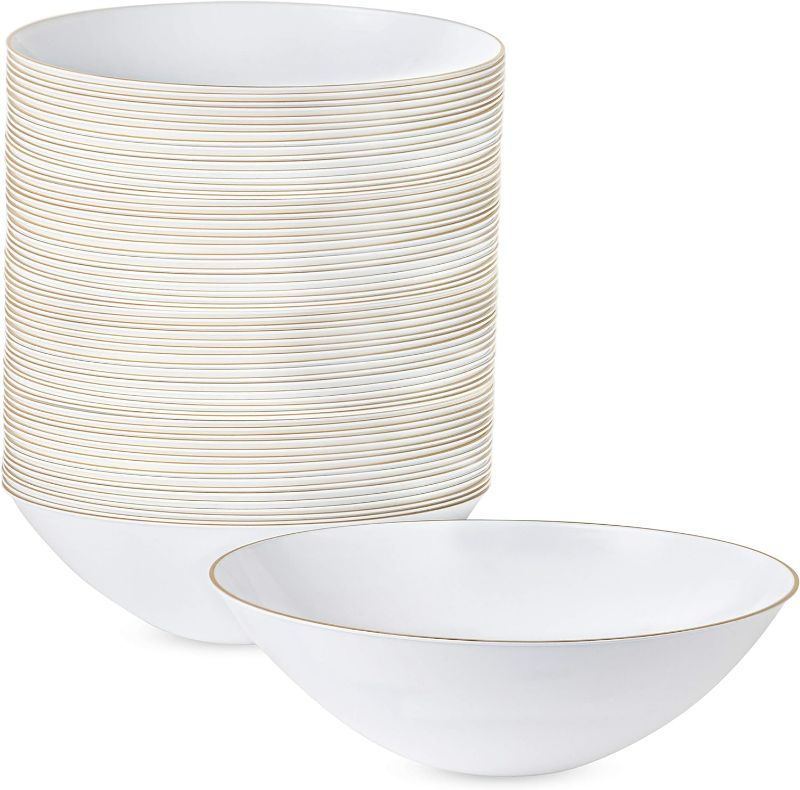 Photo 1 of [16 OZ 40 Count] White Plastic Organic Party Soup bowls With Gold Rim Premium heavyweight 