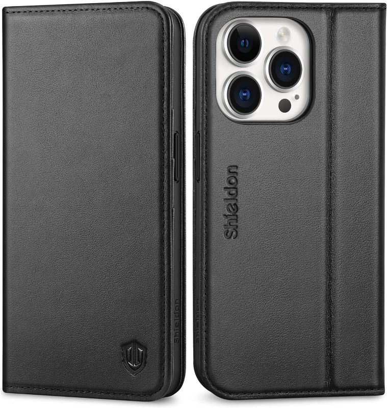 Photo 1 of SHIELDON Case for iPhone 15 Pro 5G 6.1", Genuine Leather iPhone 15 Pro Wallet Case Black