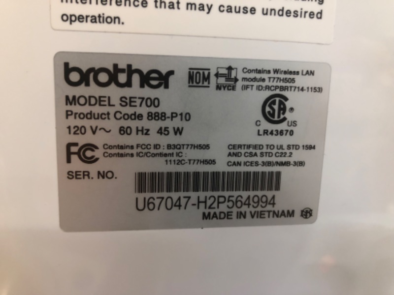 Photo 8 of **PARTS ONLY**NON FUNCTIONAL** 
Brother SE700 Sewing and Embroidery Machine, Wireless LAN Connected, 135 Built-in Designs