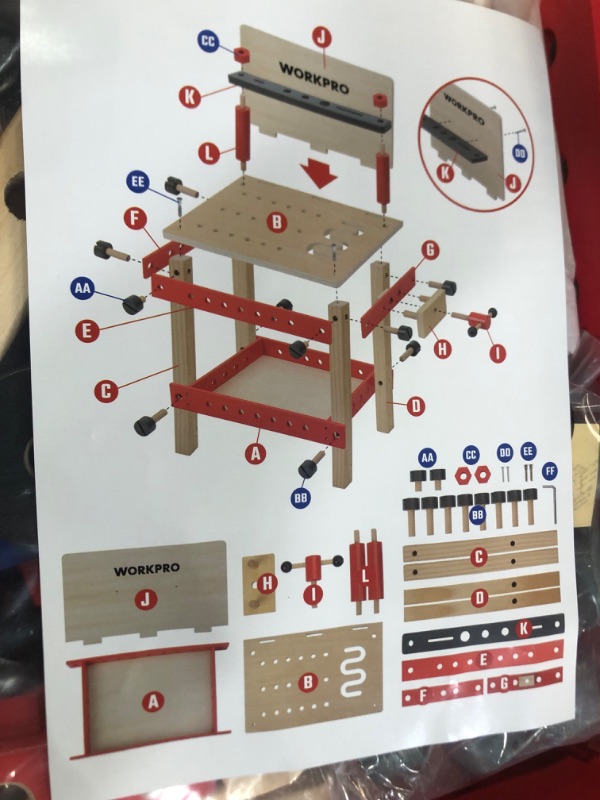 Photo 1 of WORKPRO Wooden Workbench Kit Kids Tool Bench, Building Toy Set 70pc Wooden Workbench