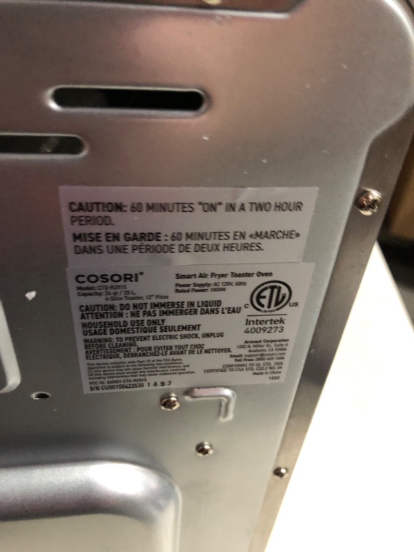 Photo 5 of ***NOT FUNCTIONAL - FOR PARTS - NONREFUNDBALE - SEE COMMENTS***
COSORI Air Fryer Toaster Oven, 12-in-1, 26QT Convection Oven Countertop, Stainless Steel