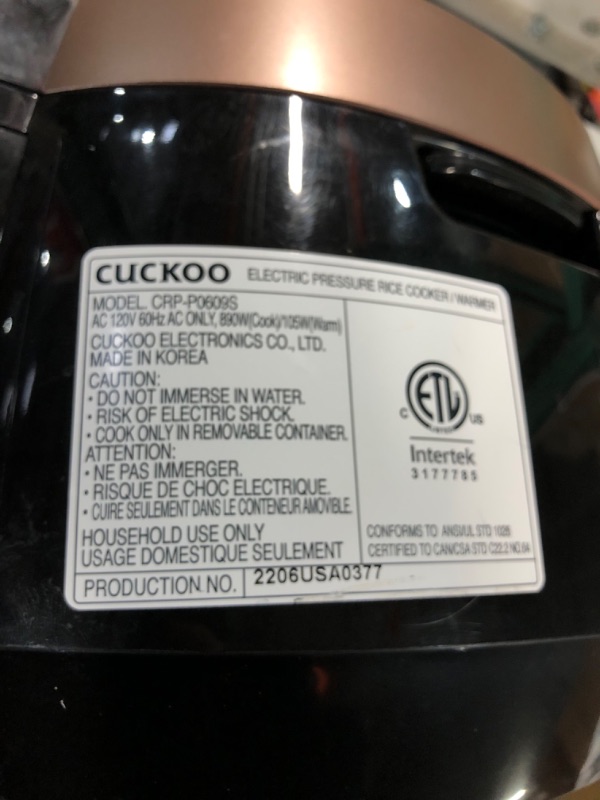 Photo 5 of **USED/DIRTY**
CUCKOO CRP-P0609S | 6-Cup (Uncooked) Pressure Rice Cooker- Black/Copper