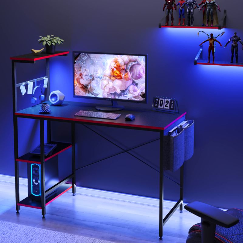 Photo 1 of Bestier Gaming Desk with LED Lights, Computer Desk with 4 Tiers Shelves, 44 Inch