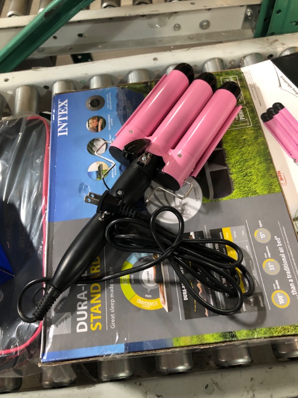 Photo 2 of 3 Barrel Curling Iron Wand Three Barrel Hair Waver Iron Hair Crimper Barrels with 4 Pieces Hair Clips and Heat Resistant Glove, Curling Waver Iron Heating Styling Tools (Pink)