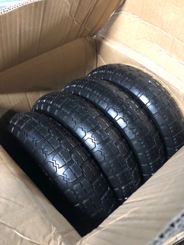 Photo 2 of 13 Inch Flat Free Wheels Tires 4.00-6 Solid Replacement with Universal 5/8" Axle Bore Hole 4 PACK