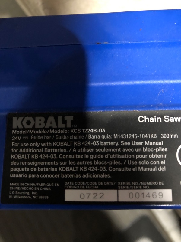 Photo 6 of * important * see clerk notes * 
Kobalt 24-volt 12-in Brushless Battery Chainsaw