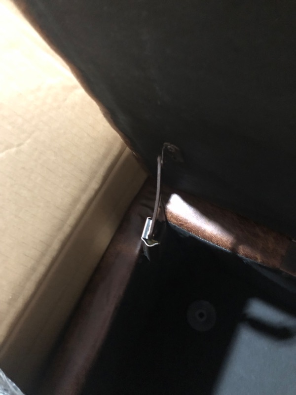 Photo 5 of ***CORNER DAMAGED - HINGE BENT - SEE PICTURES***
SIMPLIHOME Avalon 48 inch Wide Rectangle Lift Top Storage Ottoman Bench in Upholstered Distressed Umber Brown Faux Leather