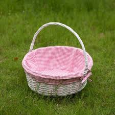 Photo 1 of Traditional White Round Willow Gift Basket with Gingham Liner and Sturdy Foldable Handles, Food Snacks Storage Basket
