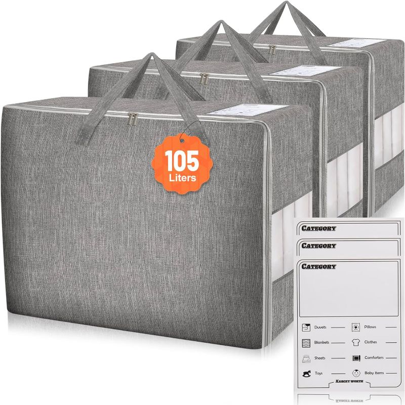 Photo 1 of 3 Pack 105L Comforter Storage Bags, Extra Large Bedding Storage Bags with Category Card and Clear Window, Reinforced Handles & Zippers,