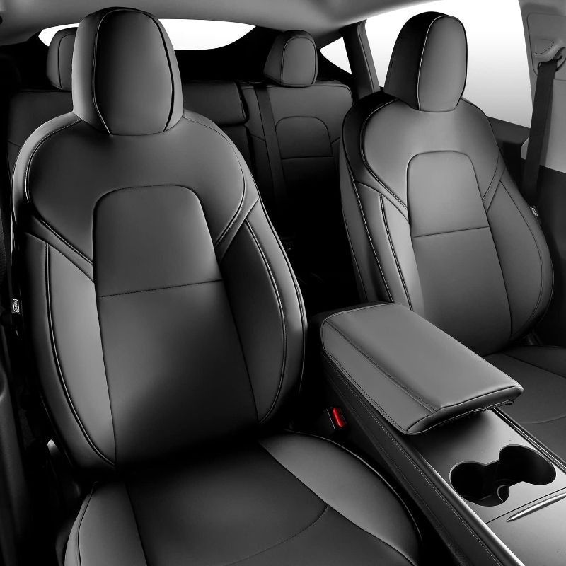 Photo 1 of Maysoo Tesla Model Y Seat Covers Nappa  Leather Car Seat Covers, for Tesla Model Y 2023 2022-2020 5 Seat Black Car Seat Cover Car Interior Cover All Weather Protection(Black-Nappa,Model Y(Full Set)) black-nappa model Y(full set)