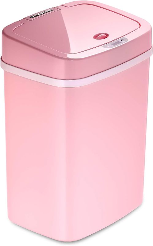 Photo 1 of Ninestars DZT-12-5PK Bedroom or Bathroom Automatic Touchless Infrared Motion Sensor Trash Can, 3 Gal 12 L, ABS Plastic (Rectangular, Pink) Trashcan
