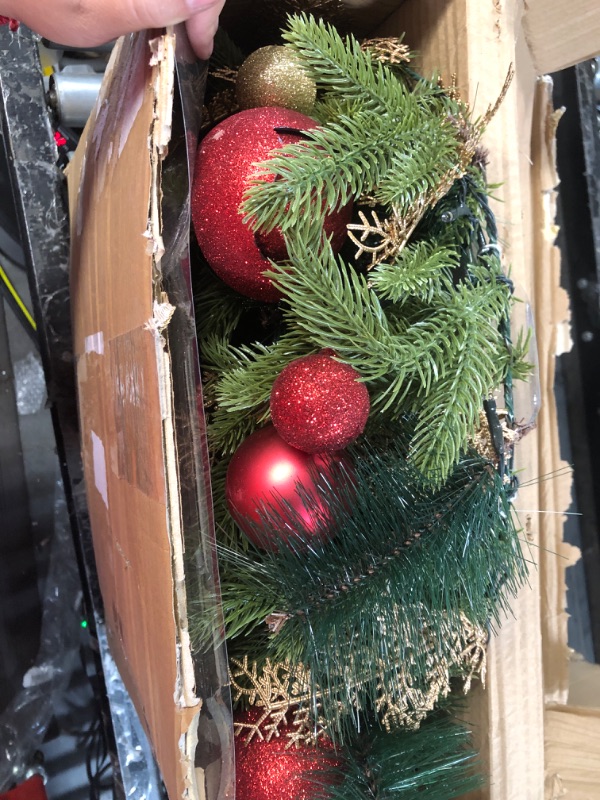 Photo 1 of [ Realistic Thick & Timer ] 16 Inch Prelit Christmas Wreath with 50 Lights 22 Glitter Ball 10 Cypress Leaves Pine Needles Battery Operated Double Frame Xmas Wreaths for Front Door Wall Fireplace Decor