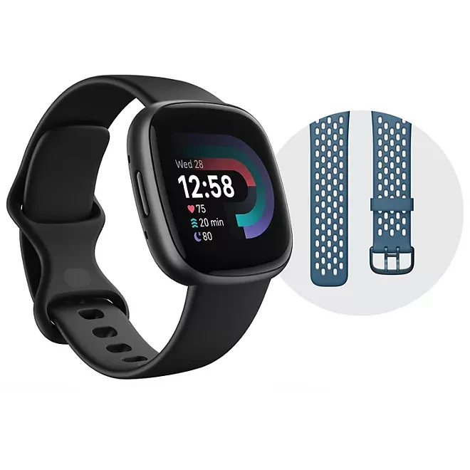 Photo 1 of Fitbit Versa 4 Fitness Smartwatch Bundle Black/Graphite, One Size - Large Bonus Band Included
