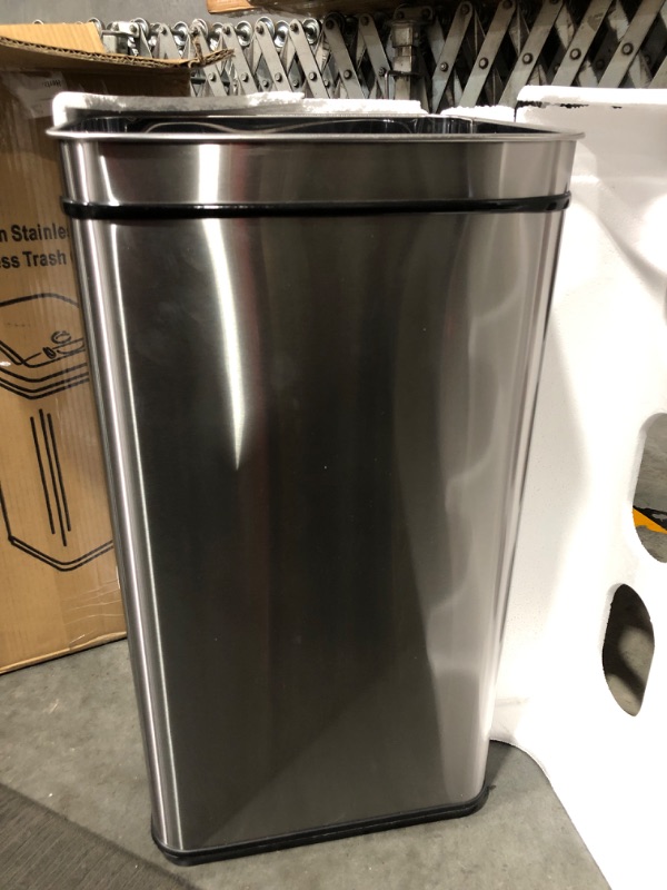 Photo 2 of * lid not functional * see images * 
iTouchless Pet-Proof Sensor Kitchen Trash Can with AbsorbX Odor Filter 13 Gallon Silver Stainless Steel