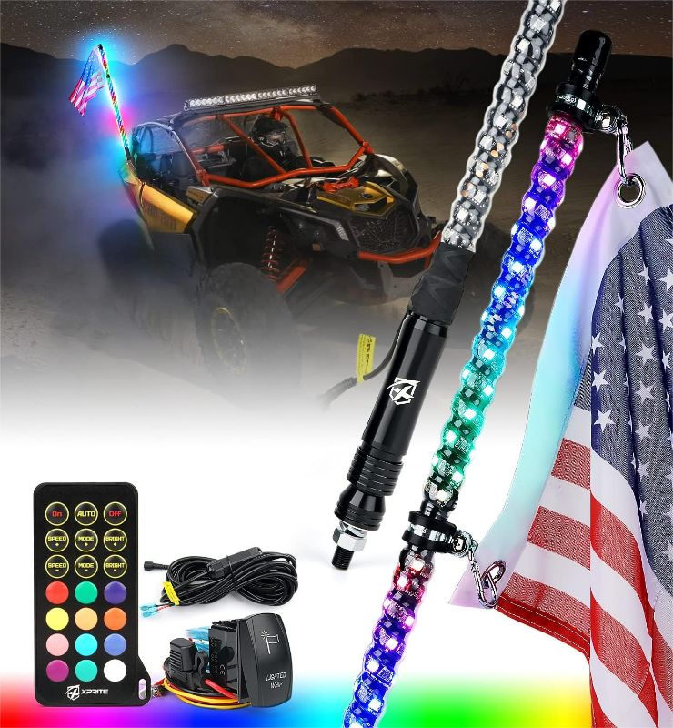 Photo 1 of *USED - POSSIBLY MISSING PIECES* Xprite 3FT Spiral RGB LED Whip Lights, 360° Dream-Color Dancing Chase Whip Lights w/Remote Control and Flag for Side by Side Jeep Offroad UTV ATV Trucks SXS Polaris RZR XP 1000 Can-am Maverick X3 1PC
