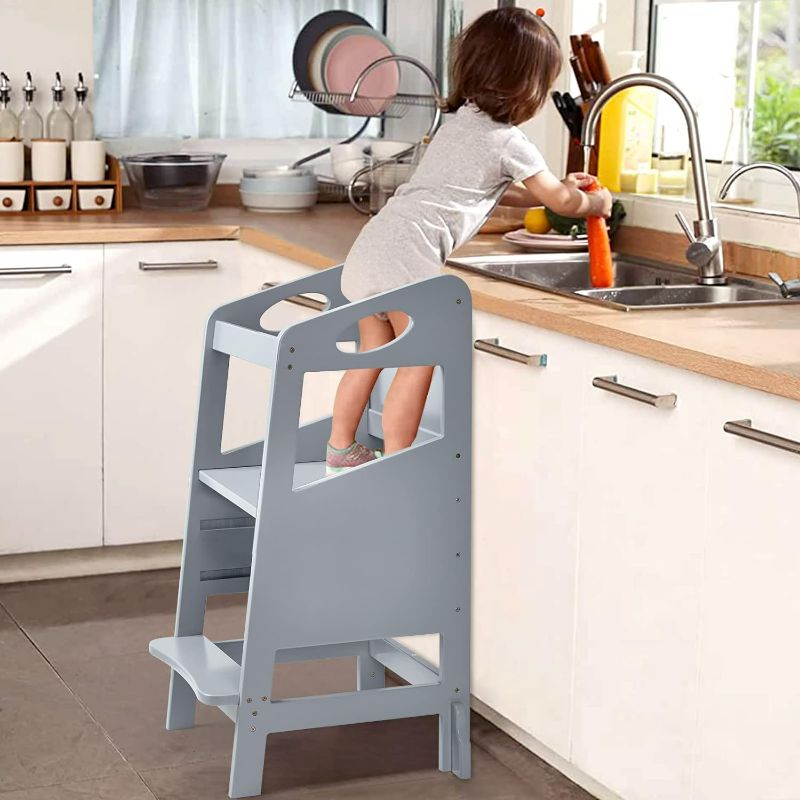 Photo 1 of ***NOT FUNCTIONAL - FOR PARTS ONLY - NONREFUNDABLE - SEE COMMENTS***
Toddler Kitchen Stool Helper, RONIPIC Toddler Standing Tower with Safety Rail, Wooden, Grey