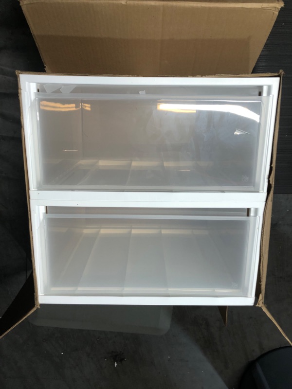 Photo 4 of *DAMAGED - SEE NOTES* IRIS USA 47 Quart Extra Large Stacking Storage Drawer, Plastic Drawer Organizer with Clear Doors for Bedroom, Closet, Gararge, Dorm and Office De-Clutter, Store Shoes and Clothes, 2-Pack, White White 47 Qt. - 2 Pack Drawer