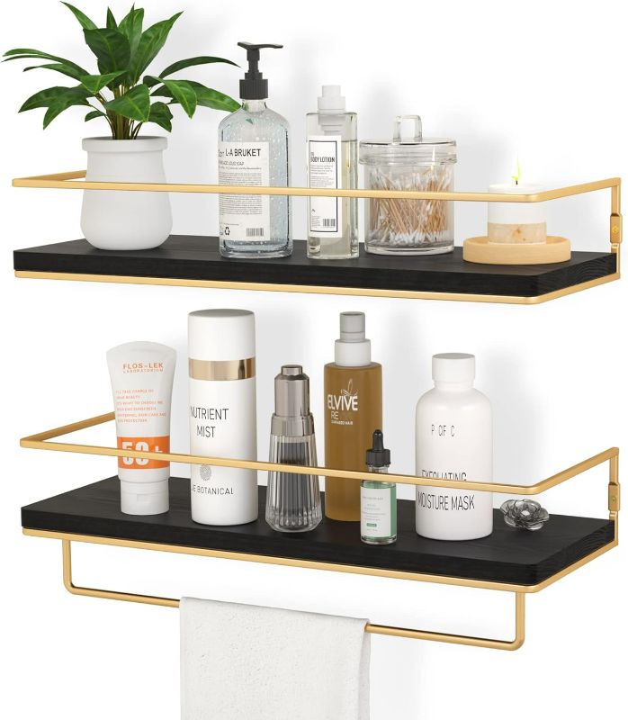 Photo 1 of *USED - SEE NOTES* ZGO Floating Shelves Black, Wall Mounted Storage Shelves with Golden Towel Rack for Bathroom, Kitchen, Bedroom, Set of 2 (Black)
