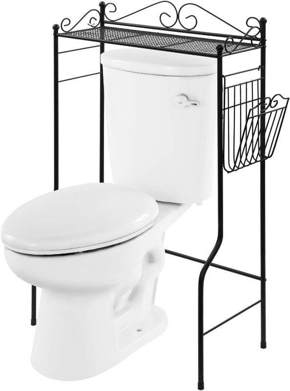 Photo 1 of *USED - SEE NOTES*COLOR WHITE* MyGift Black Metal Bathroom Over The Toilet Shelf with Magazine Basket, Space Saver Freestanding Storage Organizer Rack, WHITE
