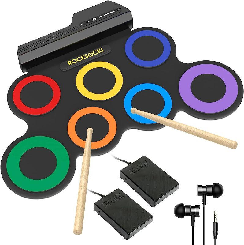 Photo 1 of *USED - SEE NOTES* ROCKSOCKI Electronic Drum Sets, 7 Drum Practice Pad, Roll-up Machine With Sticks Foot Pedals, Great Holiday Xmas Birthday Gift for Kids (Speaker Excluded)
