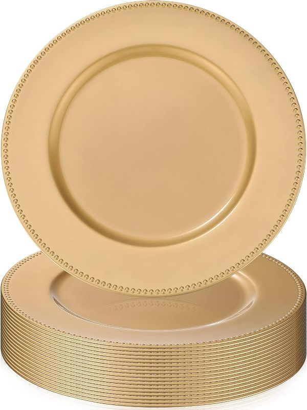 Photo 1 of *DAMAGED - SEE NOTES* Zopeal 18 Pack Round Charger Plates Bulk 13 Inch Plastic Plate Chargers with Beaded Rim Disposable Dinner Charger Plates for Wedding Halloween Christmas Party Event Table Setting Decoration (Gold)
