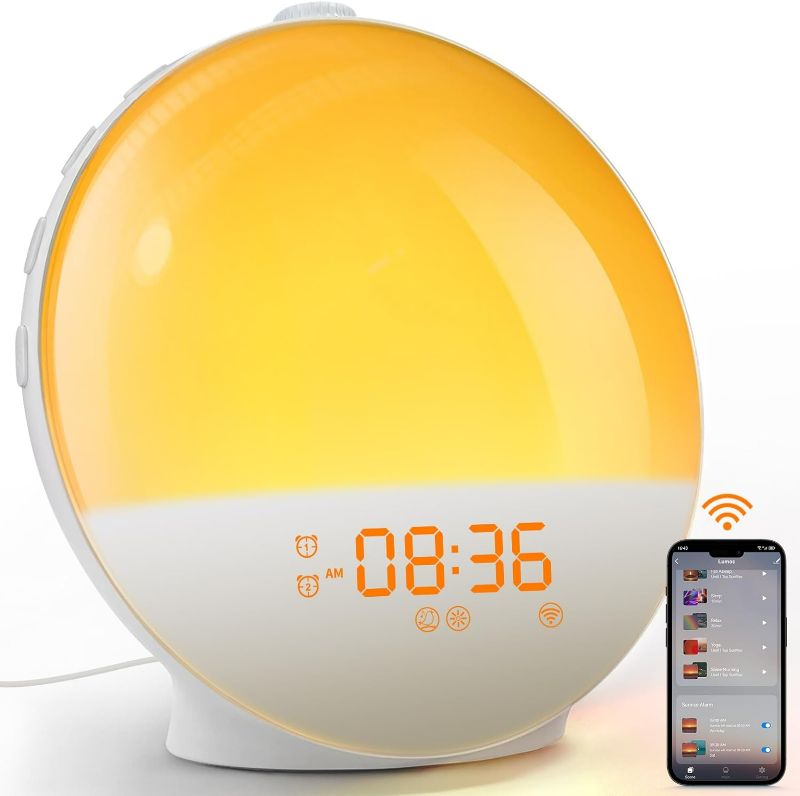 Photo 1 of *USED - SEE NOTES* Dekala Sunrise Alarm Clock, Smart Wake Up Light, APP Control, Sunrise Sunset Simulation, Sleep Sound Machine, Dual Alarms, FM Radio, Natural Sounds, for Heavy Sleepers Adults Kids, Ideal Gift
