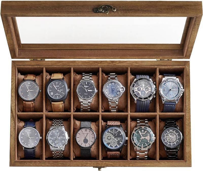 Photo 1 of *USED - LOOKS NEW* SONGMICS 12-Slot Wood Watch Box - Watch Case, Christmas Gifts, Watch Box Organizer with Large Glass Lid, Watch Display Case with Removable Pillows, Gift for Loved Ones, Rustic Walnut UJOW120K01
