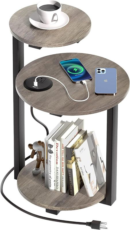 Photo 1 of *DAMAGED - SEE NOTES* Herture Round End Table with Charging Station, Side Table with USB Ports and Outlets, Nightstand Bedside Table with 3-Tier Shelves, Small Accent Table for Living Room Bedroom, Greige PH01BHZ
