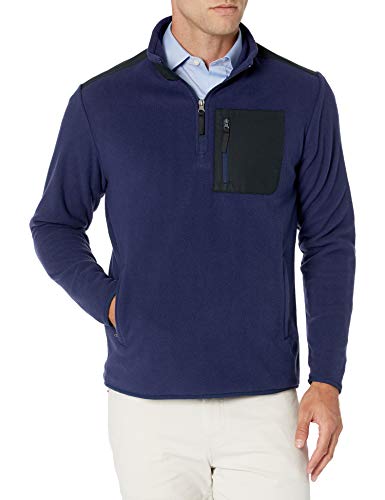 Photo 1 of Amazon Essentials Men's Quarter-Zip Polar Fleece Jacket, Navy/Black Color Block, L