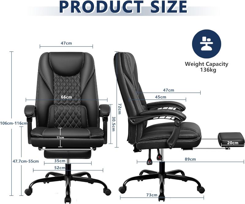 Photo 4 of (READ NOTES) Guessky Executive Office Chair, Big and Tall Office Chair with Foot Rest Reclining Leather Chair High Back Home Office Desk 