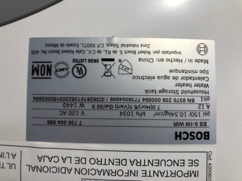 Photo 13 of ***DAMAGED - SCRATCHED - DIRTY - UNABLE TO TEST***
Bosch Electric Mini-Tank Water Heater Tronic 3000 T 7-Gallon (ES8) - Eliminate Time for Hot Water