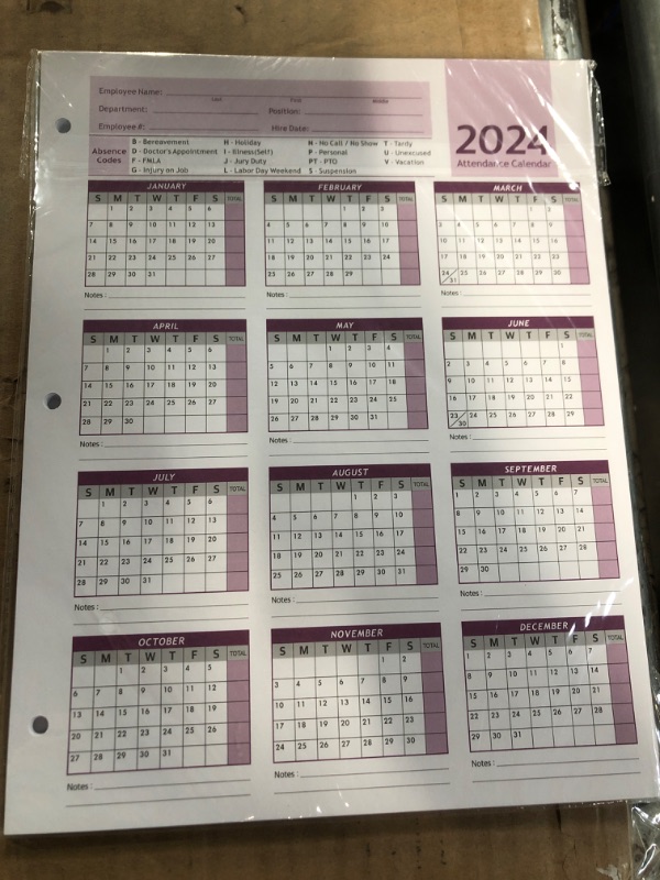 Photo 2 of Gueevin 100 Sheets 2024 Attendance Calendar Card Stock Paper 2024 Attendance Calendar for Employee Record Time off Tardiness 3 Hole Binder Folders for Manager, Hr, Store Location Managers(Purple)