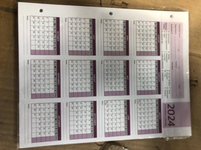 Photo 2 of Gueevin 100 Sheets 2024 Attendance Calendar Card Stock Paper 2024 Attendance Calendar for Employee Record Time off Tardiness 3 Hole Binder Folders for Manager, Hr, Store Location Managers(Purple)