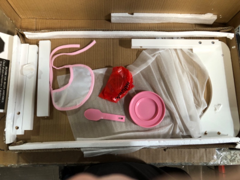 Photo 3 of **LOOSE HARDWARE*POSSIBLE MISSING HARDWARE PIECES**
Badger Basket White Doll High Chair with Plate, Bib, and Spoon (fits American Girl dolls)