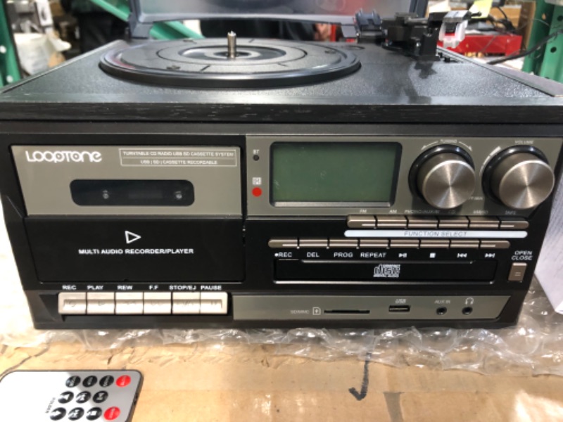 Photo 1 of LoopTone Vinyl Record Player 9 in 1 3 Speed Bluetooth Vintage Turntable CD Cassette Player AM/FM Radio USB Recorder Aux-in RCA Line-Out (Black Edition)