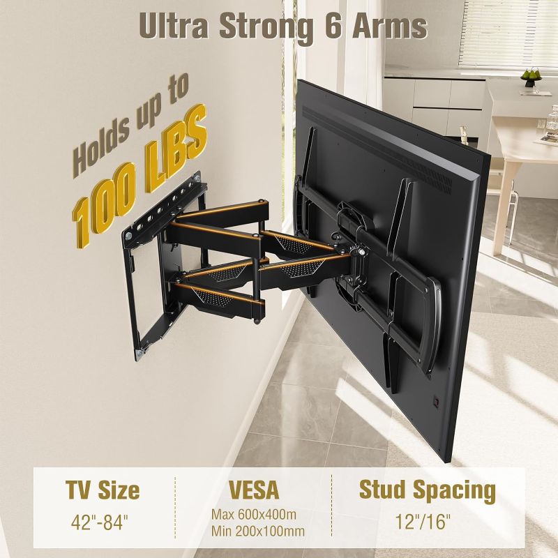Photo 1 of Mounting Dream UL Listed TV Mount Bracket for Most 42-75 Inch Flat Screen TVs, Full Motion TV Wall Mounts with Swivel Articulating Dual Arms, Max VESA 600x400mm, 100 LBS Loading, Fits 16" Wood Studs, MD2296