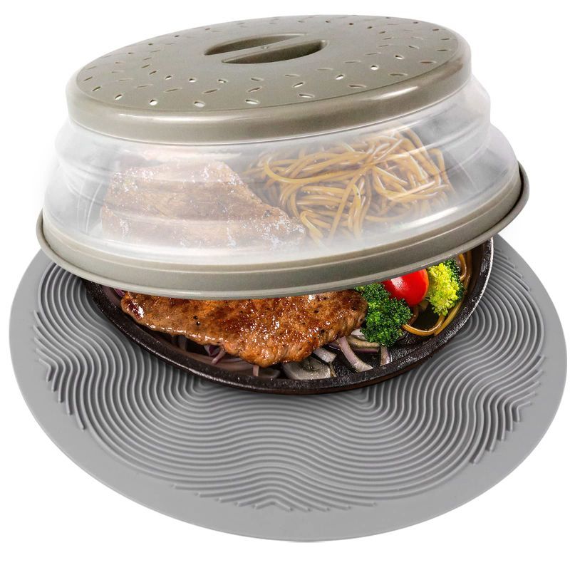 Photo 1 of 3 in 1, Upgrade Microwave Food Cover & Mat- 12" Mat as Bowl Holder, 10" as Bowl Lid, Cover for Plates Splatter Guard, Silicone Multi-Purpose Mat & Collapsible Microwave Lid, BPA Free, Easy Grip, Grey Medum GreyMat12"10"