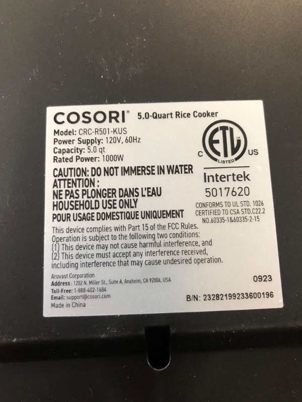 Photo 1 of **SEE NOTES** COSORI Rice Cooker 10 Cup Uncooked