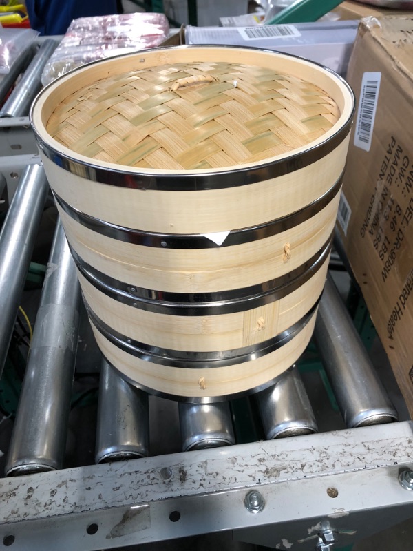 Photo 2 of 10 Inch Premium Organic Bamboo Steamer Basket by Harcas. Large 2-Tier with Lid. Strong and Durable with Reinforced Stainless-Steel Bands. Best for Dim Sum, Vegetables, Meat and Fish. Hand Made