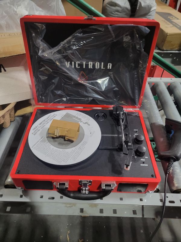 Photo 3 of Victrola Vintage 3-Speed Bluetooth Portable Suitcase Record Player with Built-in Speakers | Upgraded Turntable Audio Sound|Red, Model Number: VSC-550BT-RD
