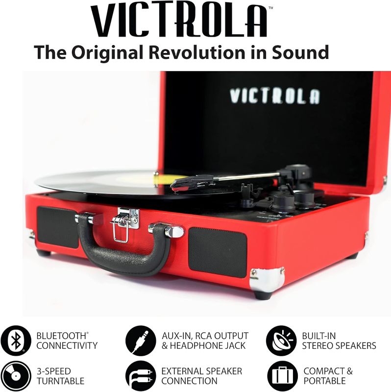 Photo 1 of Victrola Vintage 3-Speed Bluetooth Portable Suitcase Record Player with Built-in Speakers | Upgraded Turntable Audio Sound|Red, Model Number: VSC-550BT-RD
