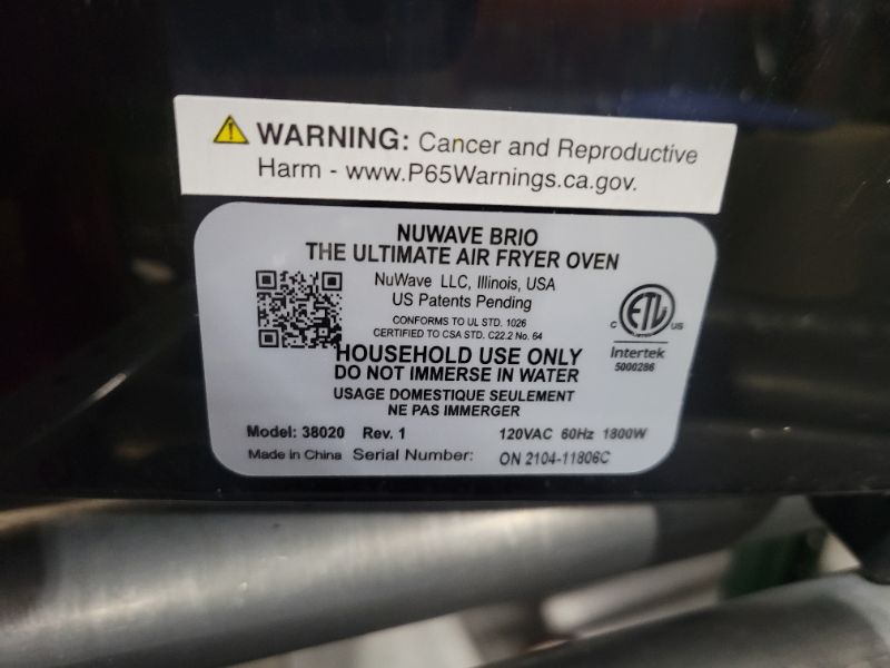 Photo 2 of **SEE NOTES**
NUWAVE Brio Air Fryer Smart Oven, 15.5-Qt X-Large Family Size, Countertop Convection Rotisserie Grill Combo, SS Rotisserie Basket & Skewer Kit, Reversible Ultra Non-Stick Grill Griddle Plate Included 15.5-Quart Black Air Fryer