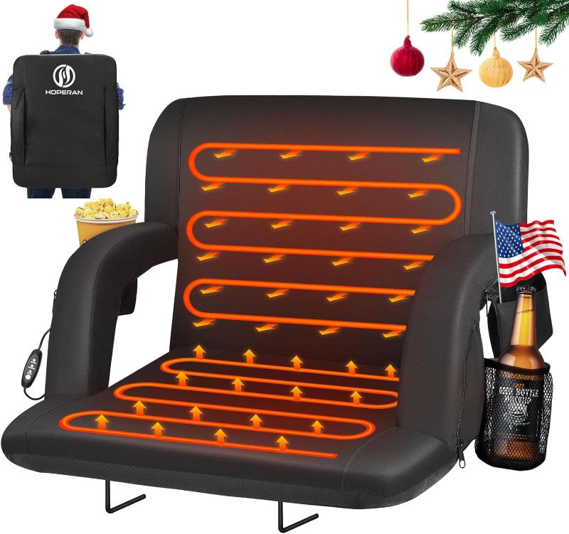 Photo 1 of **SEE NOTES/DAMAGED**
2pcs Double Heated Stadium Seats for Bleachers with Back Support 25" Wide Cushion, Extra Portable Bleacher Seat Foldable Stadium Chair, USB 3 Levels of Heat, 5 Pockets for Outdoor Camping Games Sports