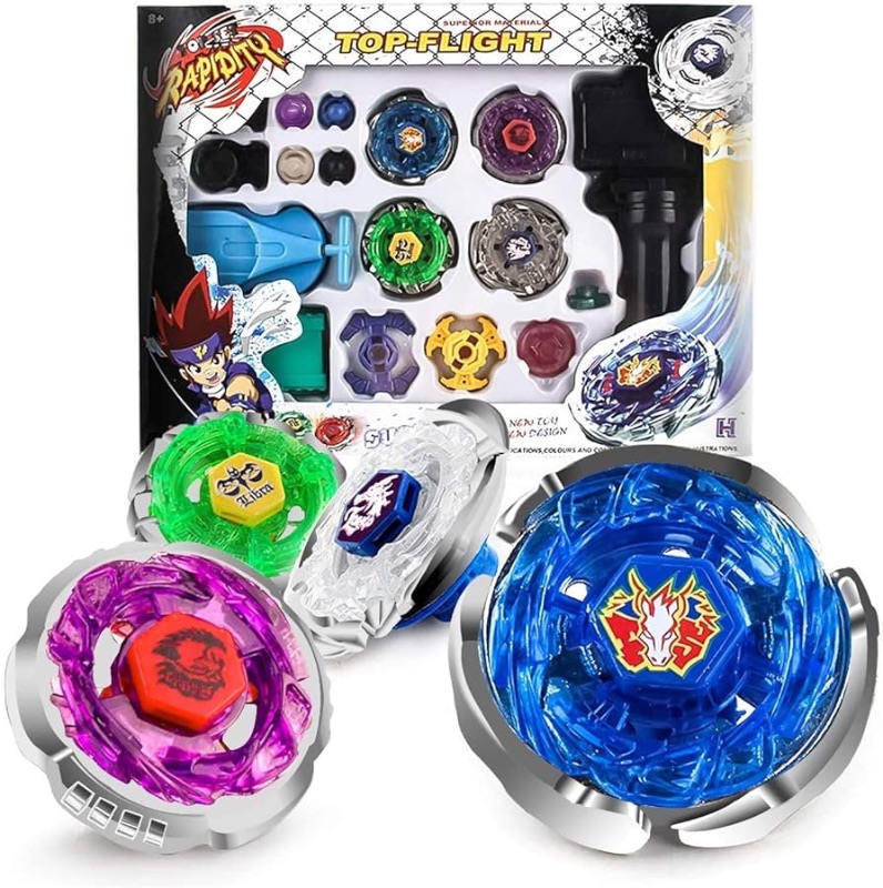 Photo 1 of Bey Metal Fusion Blades Burst Turbo Evolution Battling Tops Master Starter Set Storm Pegasus/Flame Libra/Earth Eagle/Lightning L-Drago with 4D Spinning Launcher Grip,Burst Gyro Toy Set Gift for Boys