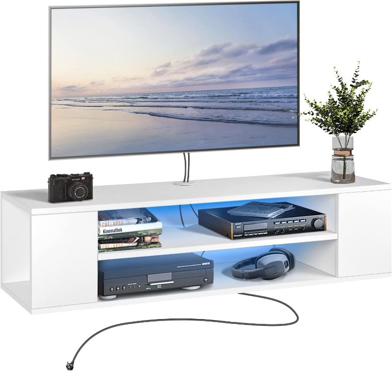 Photo 1 of **NO HARDWARE** HIDODO Floating TV Stand Shelf Wall Mounted Media Console, Floating Entertainment Center TV Stand Under TV Shelf with Storage for Home, White